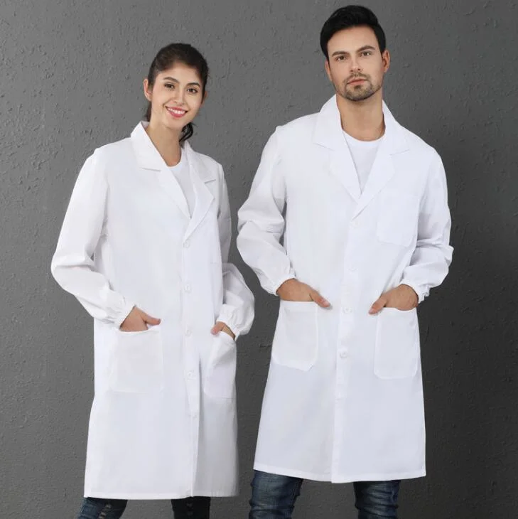 Unisex Long Sleeve White Lab Coat Men Women Lapel Collar Button Down Doctor Blouse with Pockets Doctor Nurse Uniform