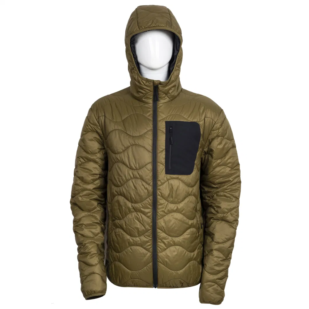 Light Weight Men&prime;s Winter Fake Down Insulated Gourd Shaped Pressing Line Padded Jackets with Hood