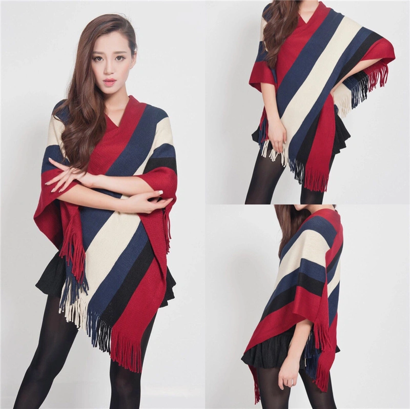 Women&prime;s Tassel Pullover Long Knitted Cloak Women&prime;s Winter Fashion Shawl Striped Sweater Coat