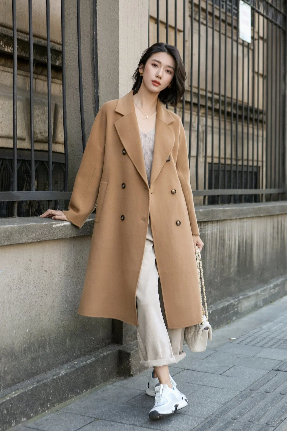 Double Breasted Solid Woolen Handmade Women Long Trench Coat