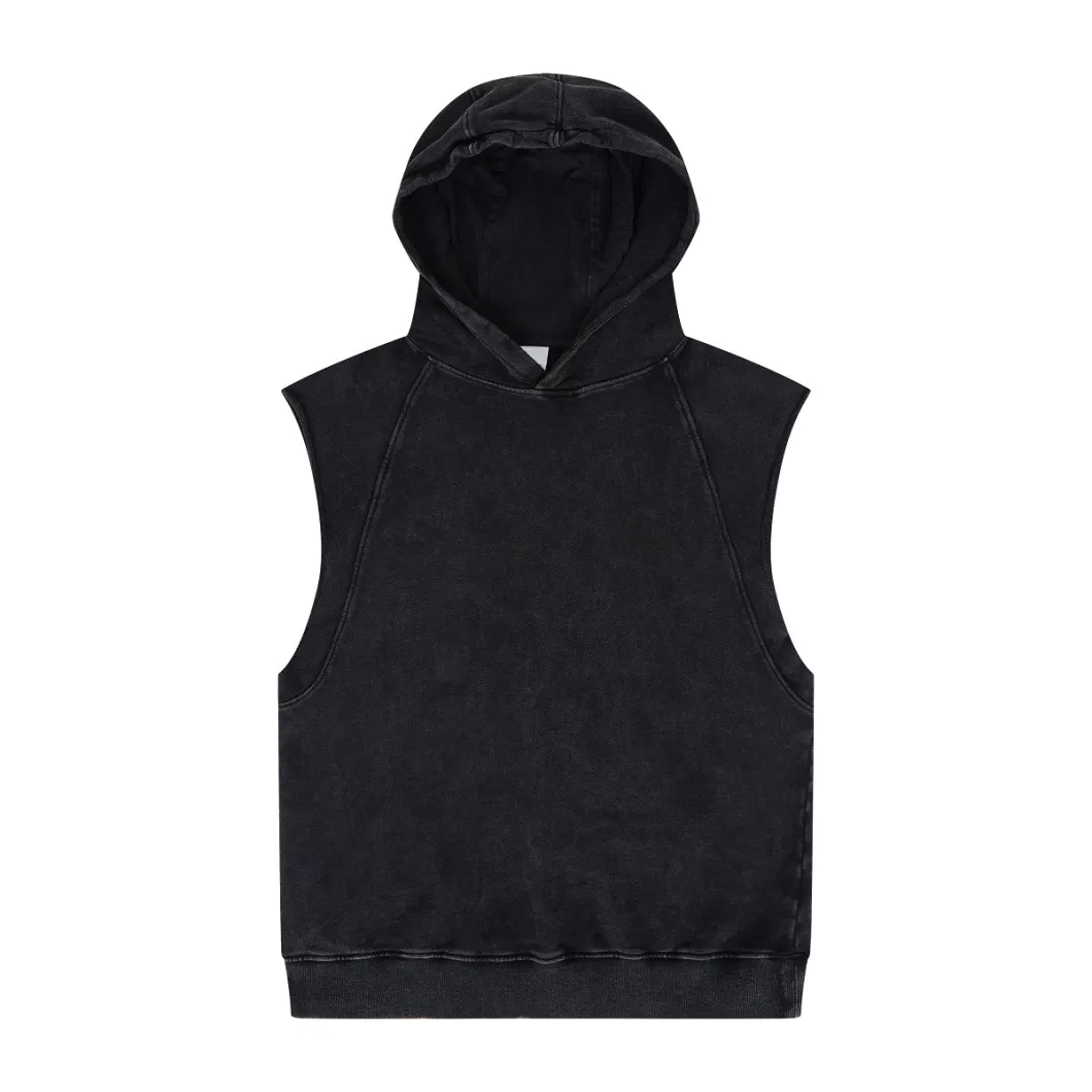 Sleeveless 3D Embossed Logo Oversize French Terry Men Mineral Black Washed Heavyweight Hoodie 14oz Blank Pullover Sweatshirt