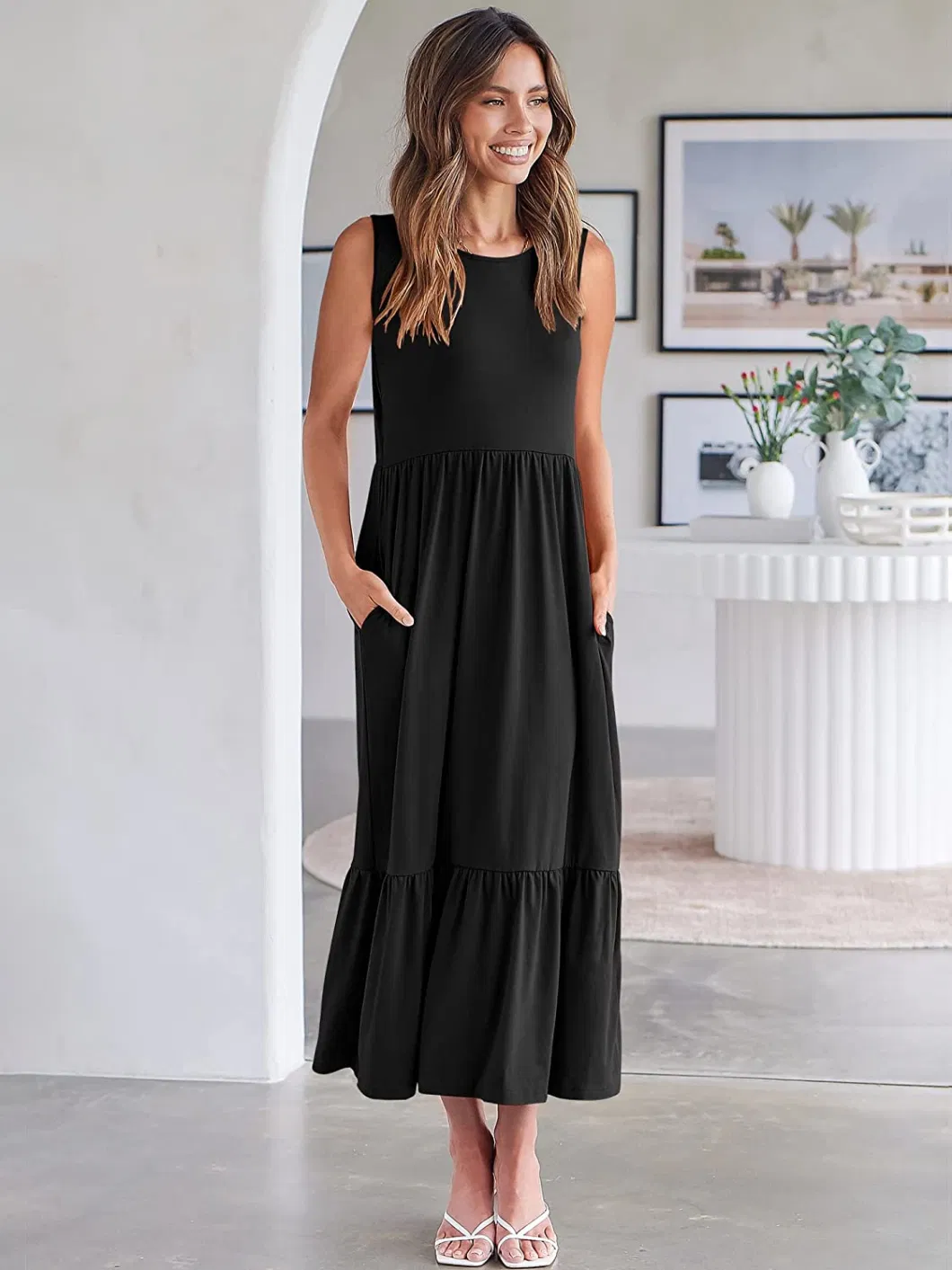 Women&prime;s Summer Casual Sleeveless Tiered Maxi Dress with Pockets