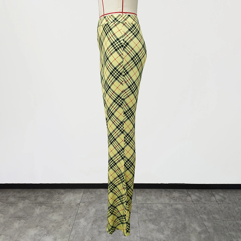 New Fashionable Leisure High Waist Plaid Print Flare Pants