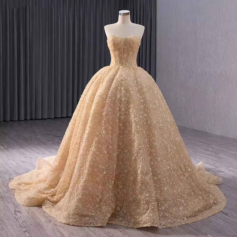 Customized Gorgeous Sleeveless Golden Lace-up Evening Wedding Party Dresses for Women