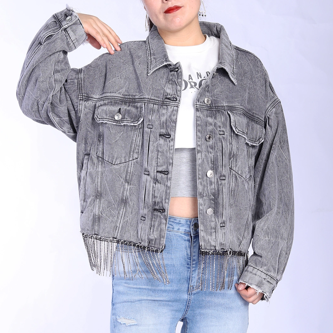 Custom Fashionable Distressed Casual Tassel Rhinestone Hem Jean Jackets for Women