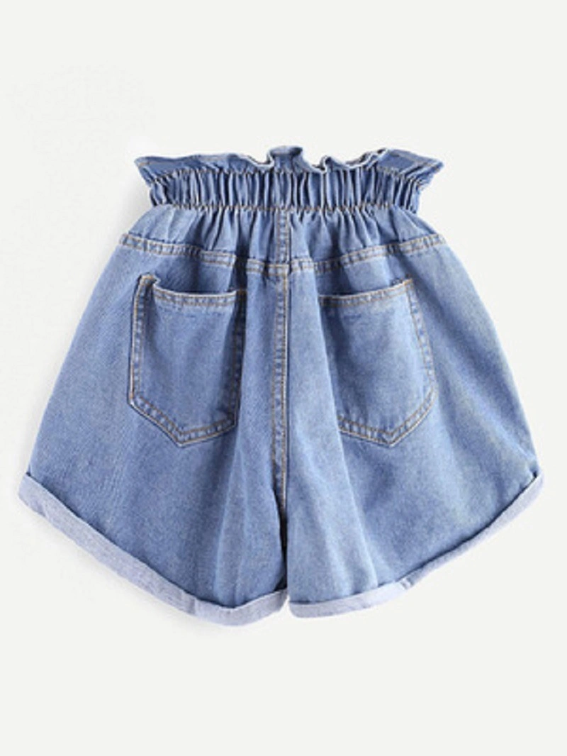 Womens Denim Shorts Elastic Waist Pleated Ruffle Distressed Ripped Short Pants Esg14351