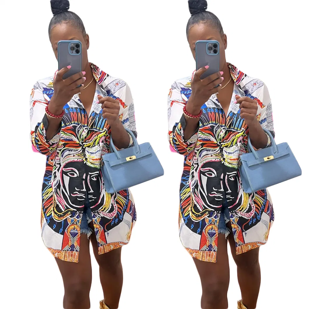 L990126 2023 Ladies Casual Loose Printed Long Sleeve Shirt Dress