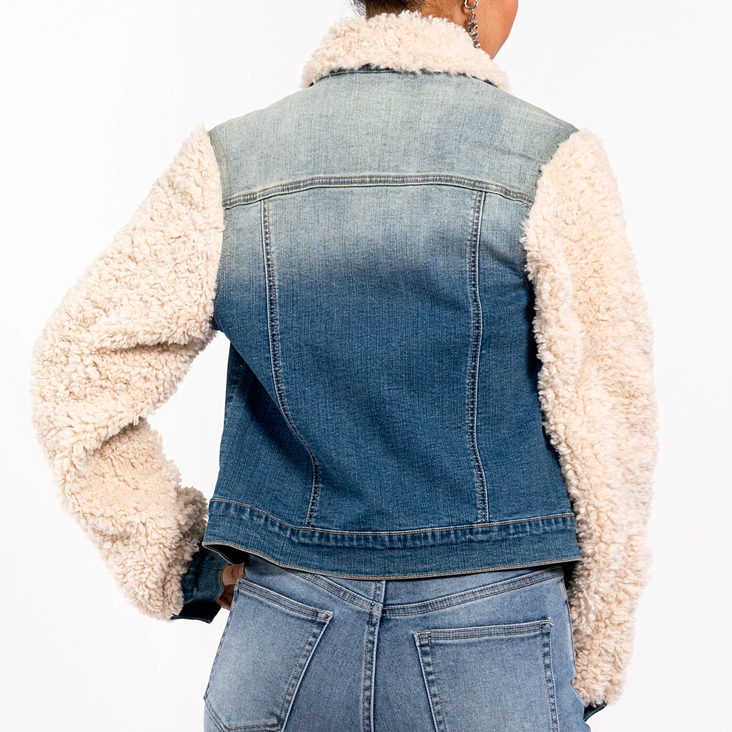 Custom Winter Vintage Lambswool Patchwork Long Sleeve Womens Jean Jacket