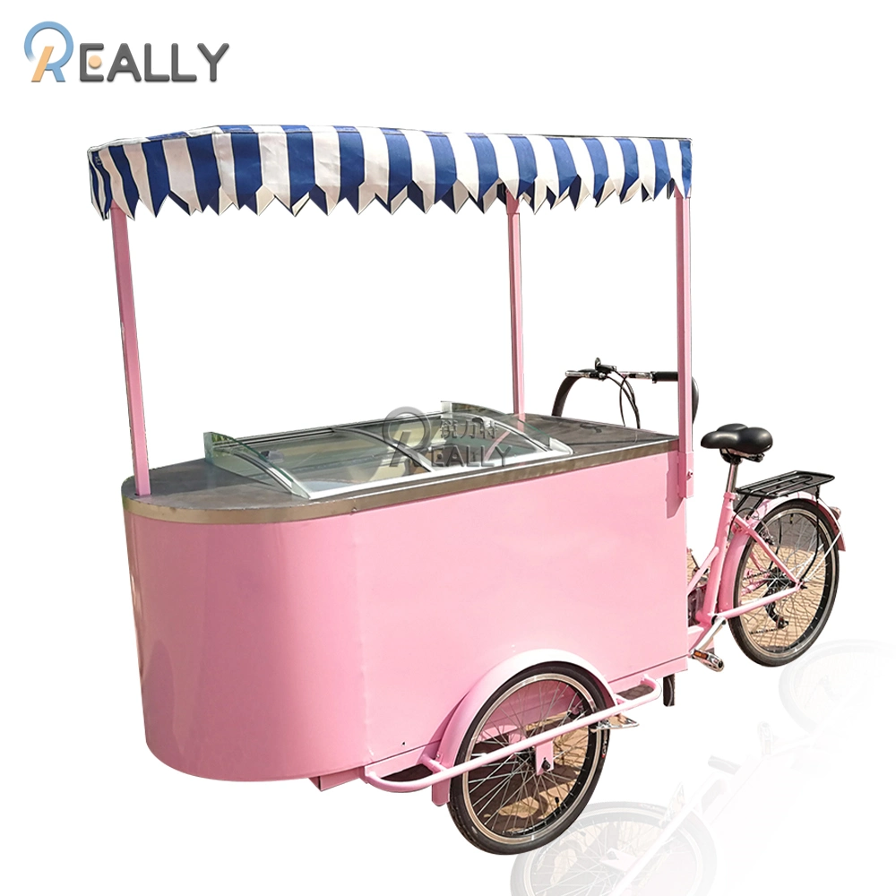 Pedal Pink Mobile Ice Cream Cart with 108L Freezer 3 Wheel Electric Bicycle Adult Food Bike Vending Carts for Sale