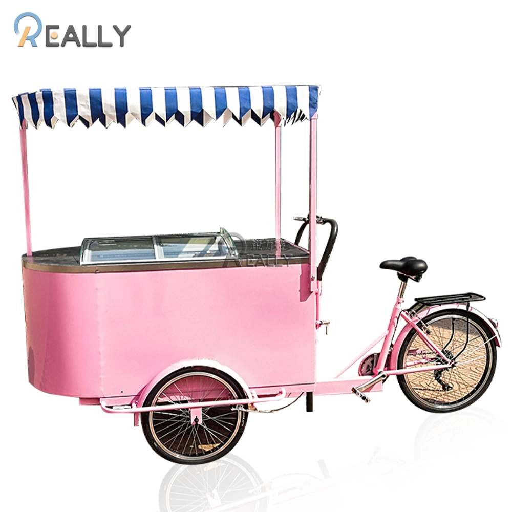 Pedal Pink Mobile Ice Cream Cart with 108L Freezer 3 Wheel Electric Bicycle Adult Food Bike Vending Carts for Sale