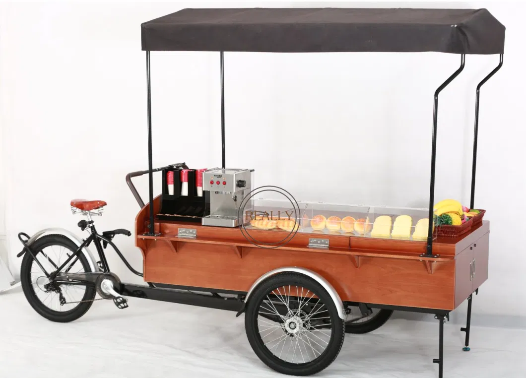 2022 Retro Street Coffee Cargo Bike Mobile Electric Food Vending Tricycle 3 Wheel Snack Fruit Catering Cart for Sale