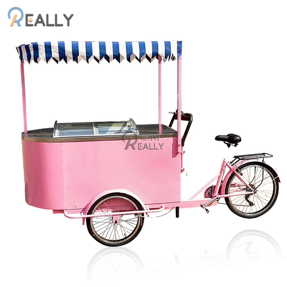 Pedal Pink Mobile Ice Cream Cart with 108L Freezer 3 Wheel Electric Bicycle Adult Food Bike Vending Carts for Sale