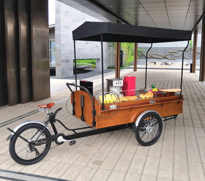 2022 Retro Street Coffee Cargo Bike Mobile Electric Food Vending Tricycle 3 Wheel Snack Fruit Catering Cart for Sale