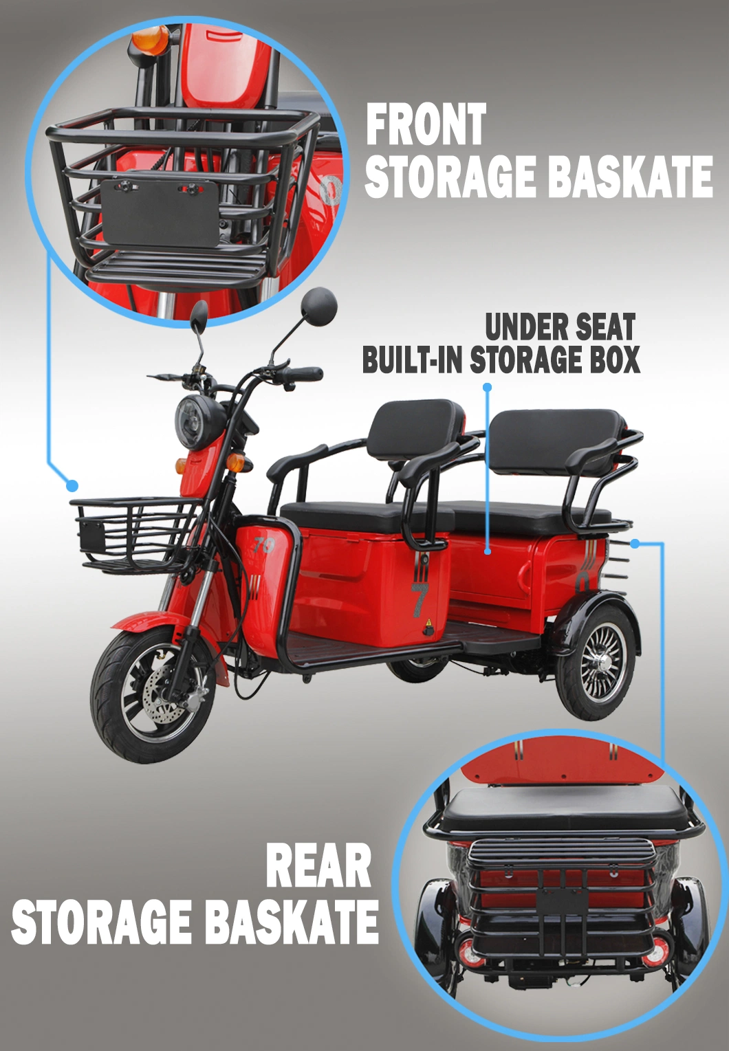 Fashion EEC Coc Leisure Electric Tricycle 60V1000W for 3 Passengers 50-70km Range Trike for Disabled People with Lithium Battery Optional