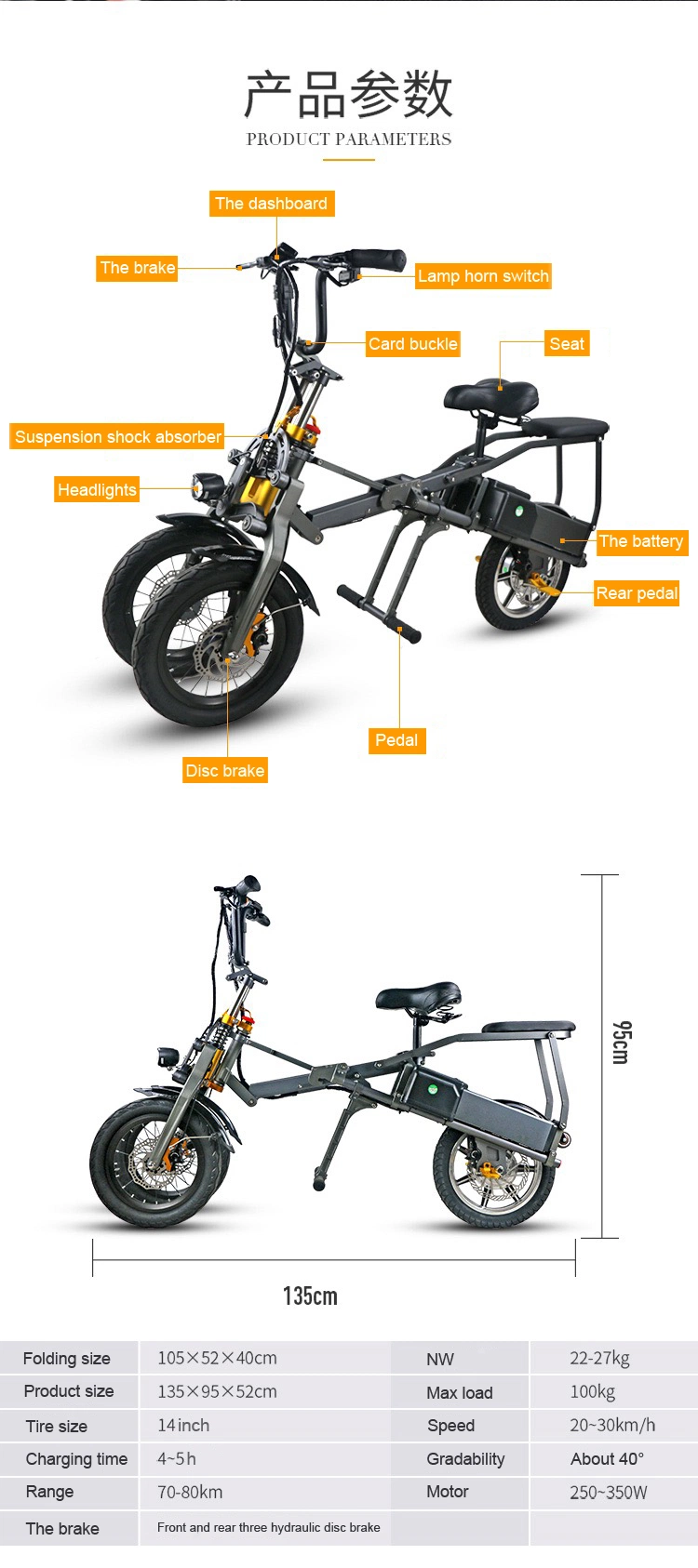 Dokma 14inch 30km/H Fat Tire Folding Fast Portable 3 Wheel Sports E Bike Electric Bws Bicycle for Adults Kids