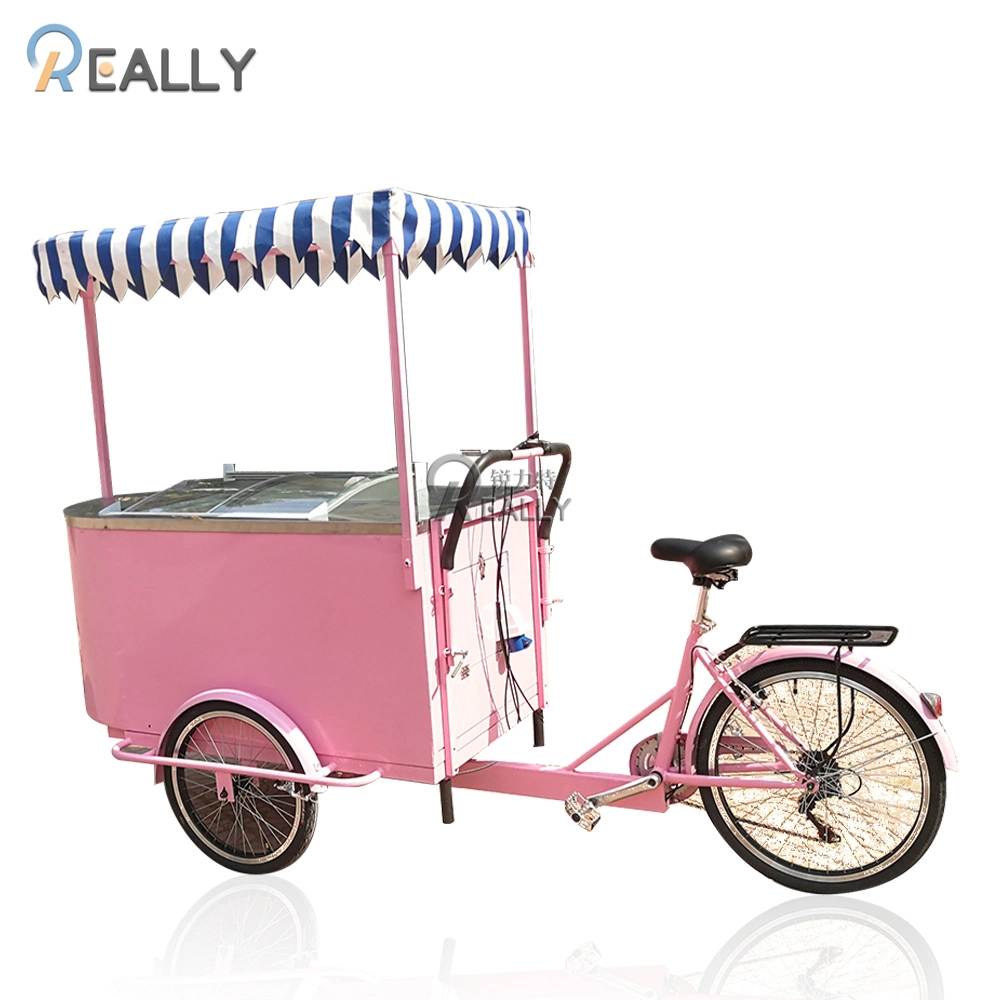 Pedal Pink Mobile Ice Cream Cart with 108L Freezer 3 Wheel Electric Bicycle Adult Food Bike Vending Carts for Sale