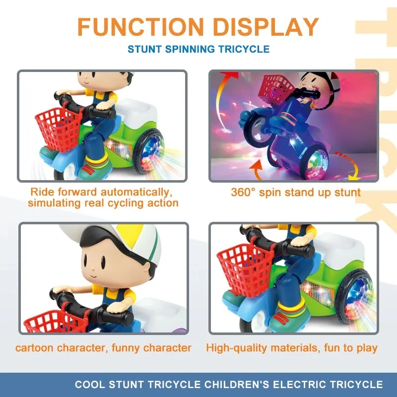 Children Resistance Stunt Electric Tricycle 360 Degree Rotating Children Electric Stunt Tricycle Toy with Light and Music