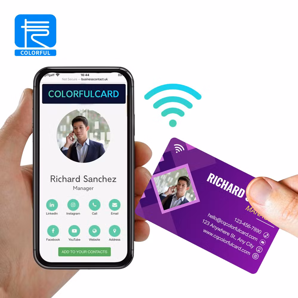 China Factory Custom High-Quality Programmable Printable Cr80 Standard Size Plastic Smart Chip RFID Visit Test Social Media PVC NFC Business Card