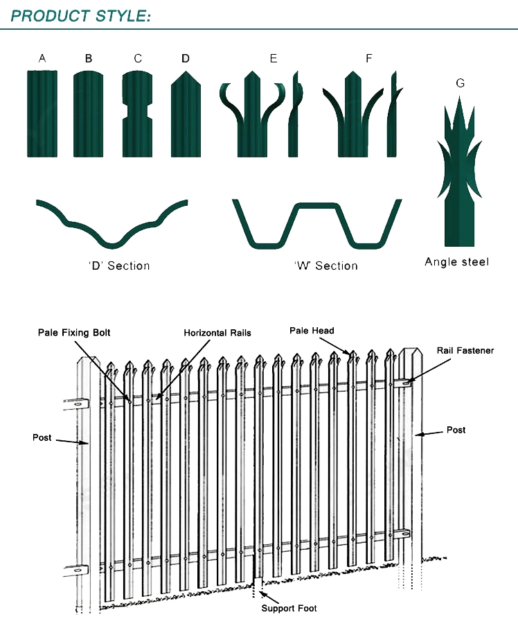 Galvanized Palisade Fence Panels Iron Metal Fence Outdoor Locations