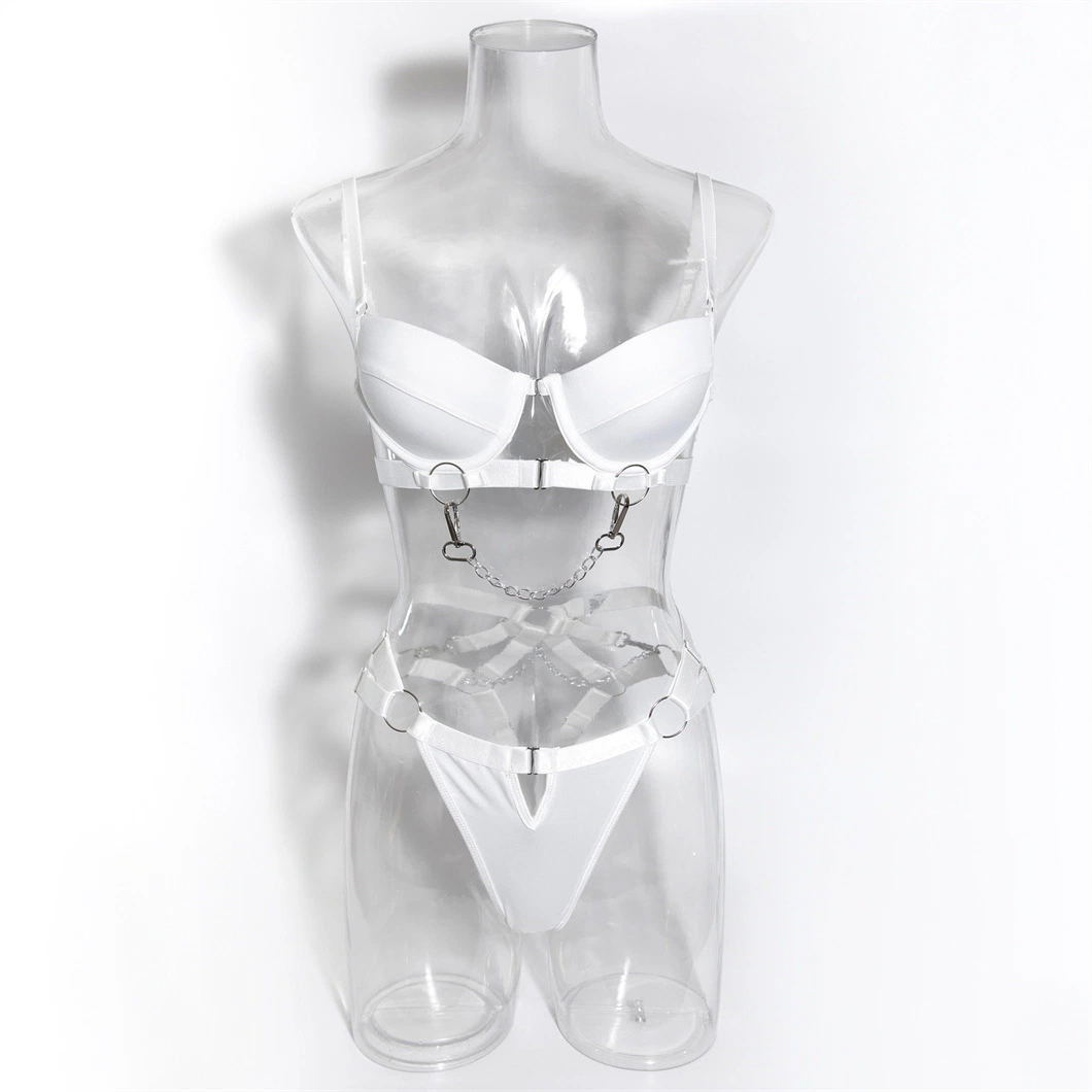 Cut-out Metal Chain with Chest Pad Sexual Erotic Lingerie Suit Women