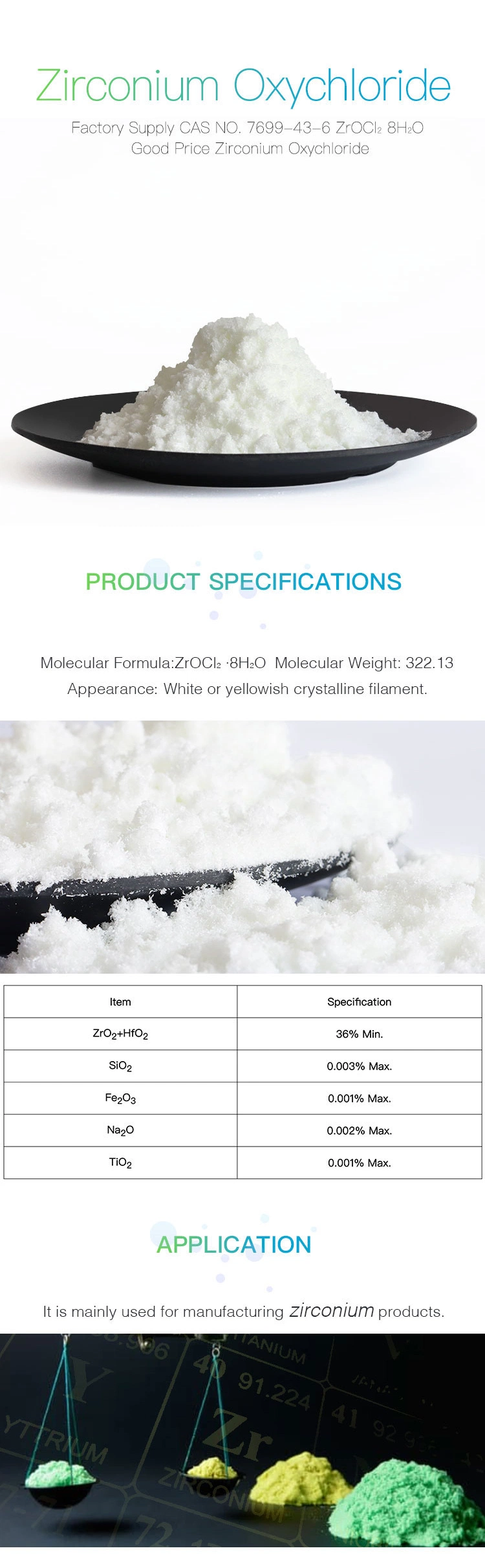 Factory Supplier Crystalline Filament Zrocl2 8H2O 13520-92-8 Zirconium Oxychloride Price