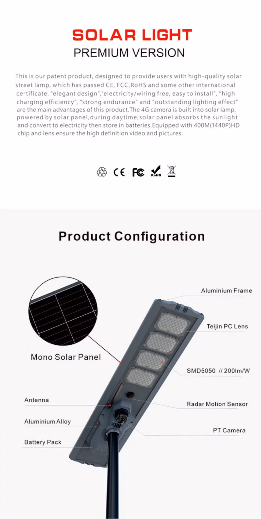 Sunc Factory Good Price 200W Integrated All in One CCTV Solar Street Light with Motion Alarm