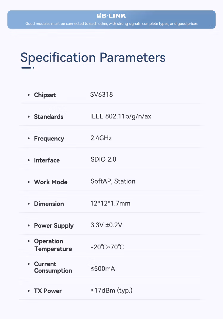 High-performance WIFI6 SV6318 M6318XS1 2.4G 1T1R 802.11b/g/n/ax WiFi Module LB-LINK for IPC Dash cam OTT STB Tablet TV Vehicle equipment