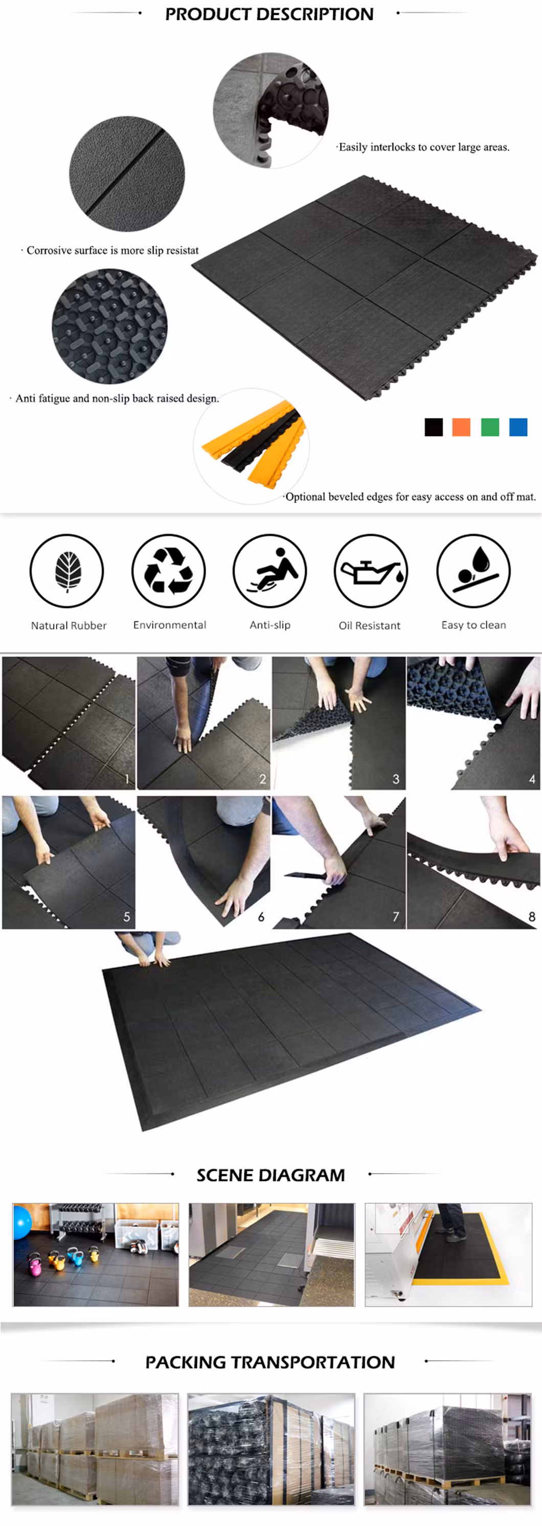 Natural Rubber Anti-Fatigue Floor Mat with Jigsaw and Bevel Edge 3X3FT Workshop Mat