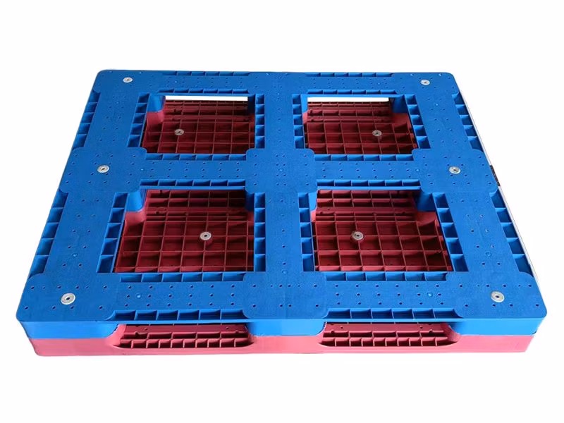 1200*1000 Red Blue Color Block Mesh Surface HDPE Material Stackable Export Euro Type Standard Size Supplier Single Faced Plastic Pallet for Shipping