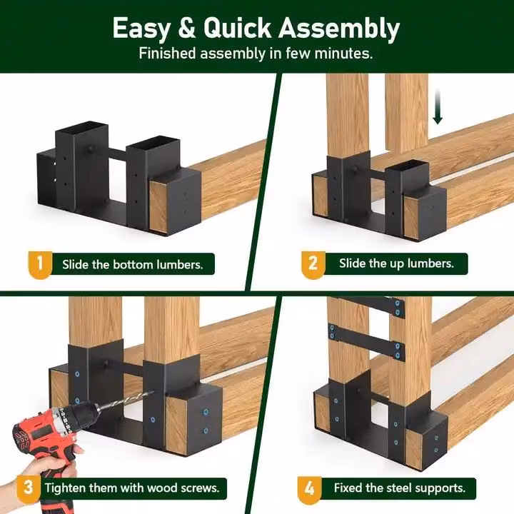 Adjustable Heavy Duty Powder Coated Steel Holder Firewood Log Storage Rack Bracket for DIY Fireplace Wood Storage