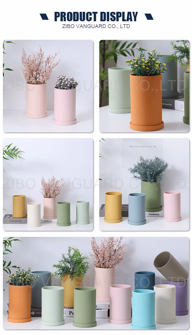 Minimalist Colorful Cylinder Flower Vase Ceramic Flower Pot with Tray for Indoor Plants