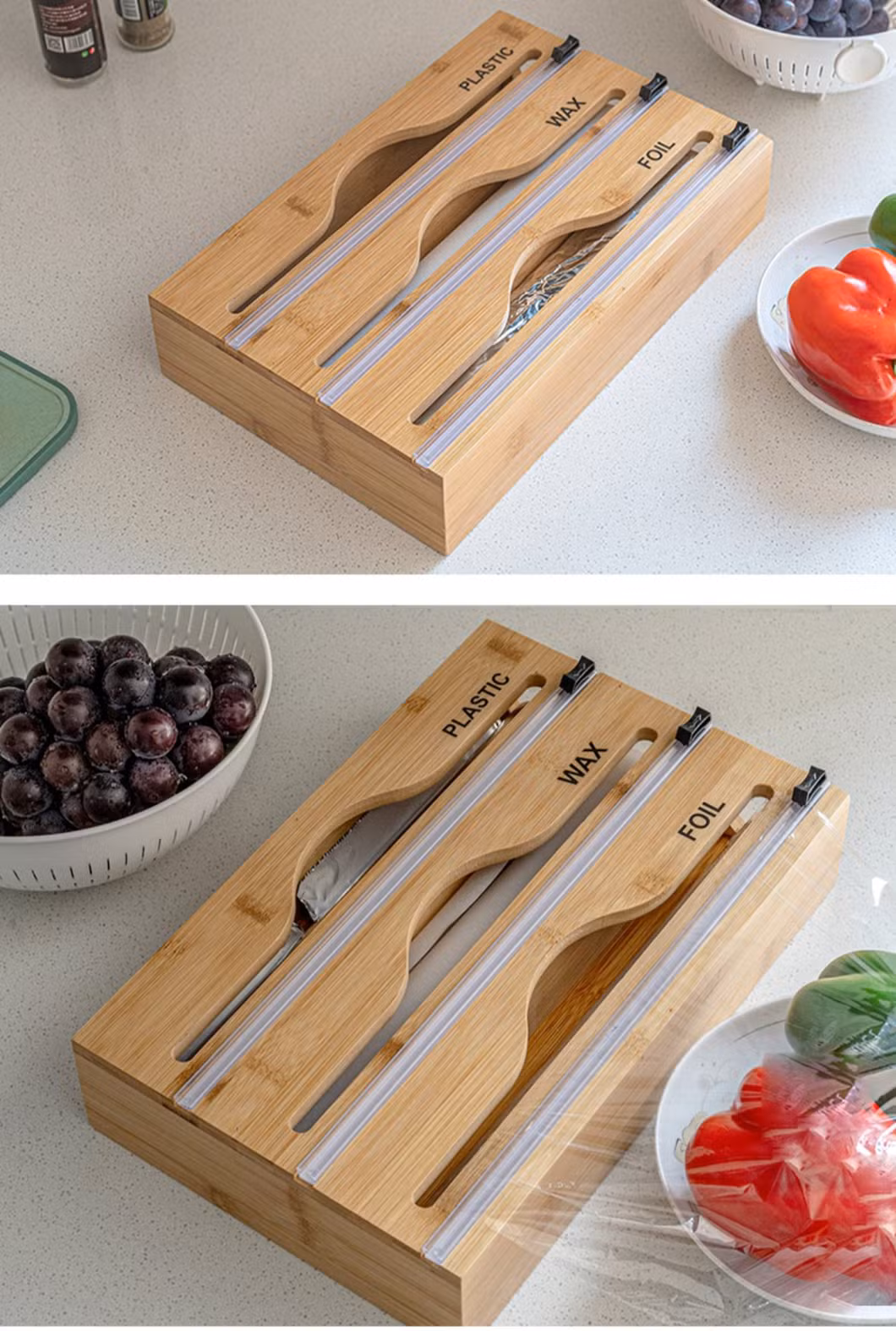 Bag Organizer and Plastic Wrap Dispenser with Cutter, Bamboo Foil and Plastic Wrap Organizer for Kitchen Drawer, Food Storage Bag Organizer