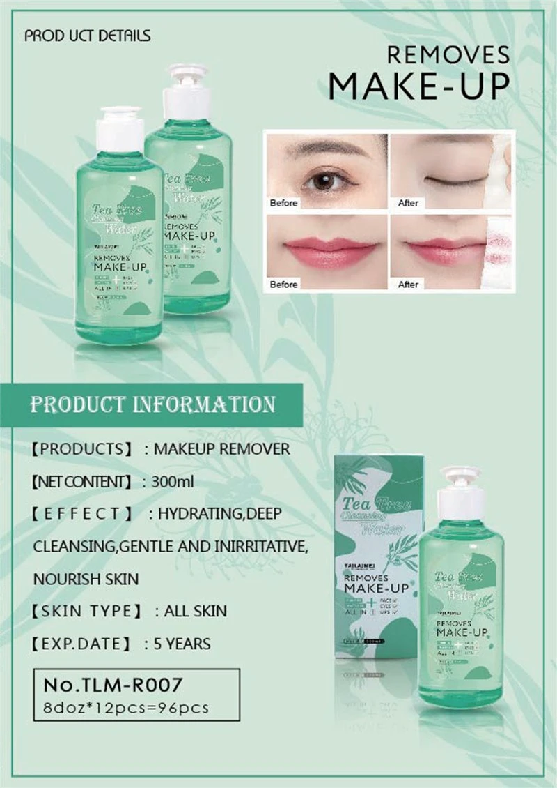 Tlm Vendor Natural Extract Tea Tree Make up Remover Liquid Hydrating Deep Cleansing Face Skin OEM Makeup Remover Cleansing Water