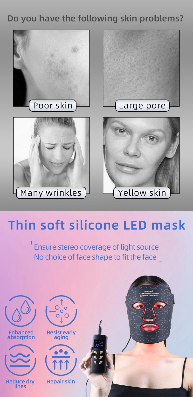 Deep Moisturizing 4in1colors Silicone Red LED Light Therapy Facial Face Sheet Mask