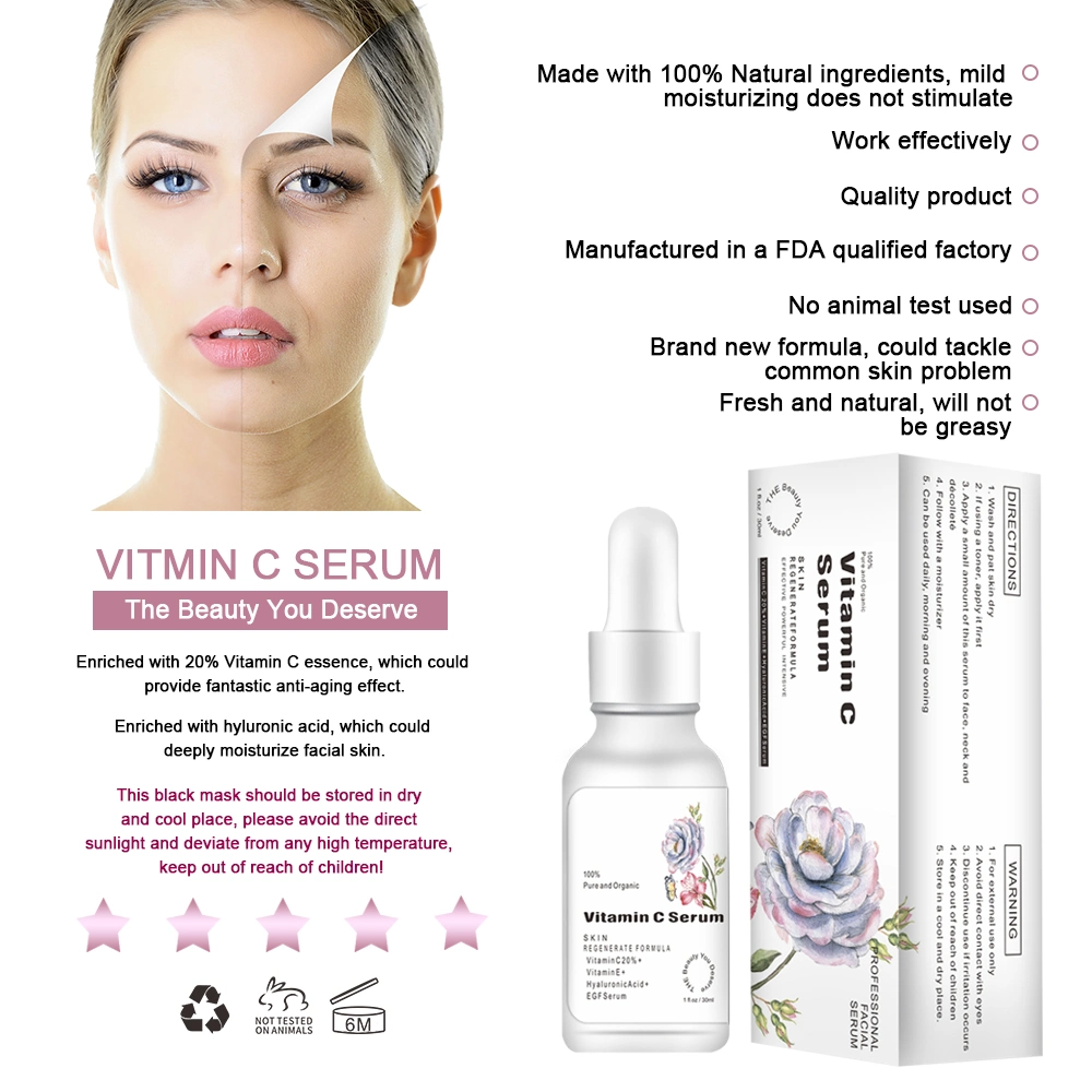 High Quality Private Label Skincare Facial Anti Aging Brightening Organic Natural Vegan Vitamin C Serum for Face