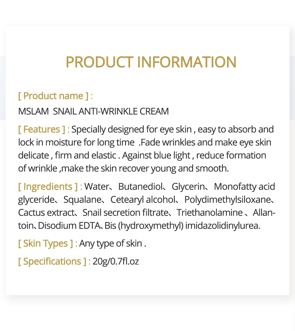 Mslam Snail Eye Cream Moisturize and Anti-Wrinkle Skin Care to Remove Pouch Snail Cream 20g