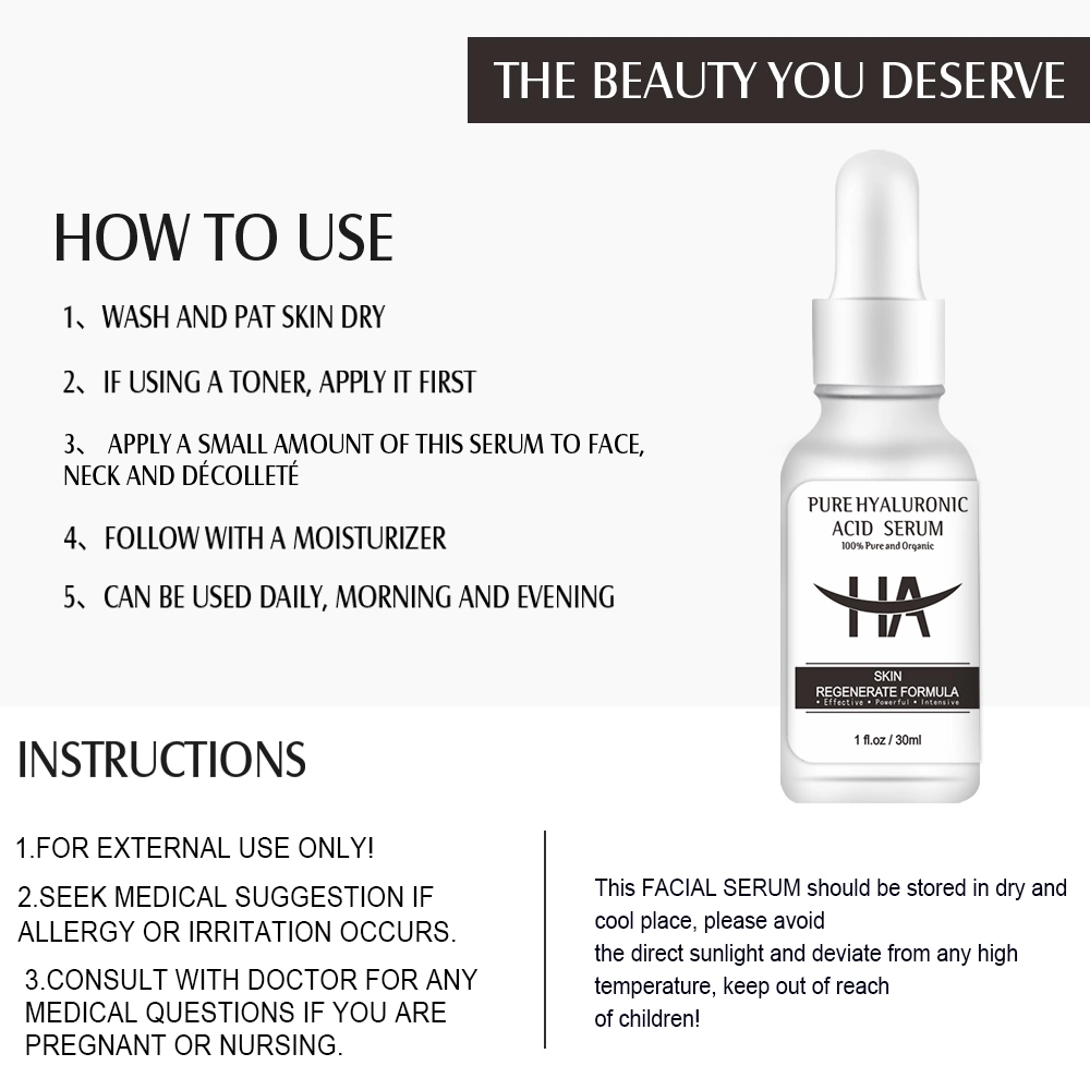 Premium Custom Logo Facial Vegan Anti Aging Skin Care Moisturizing Hydrating Hyaluronic Acid Face Serum