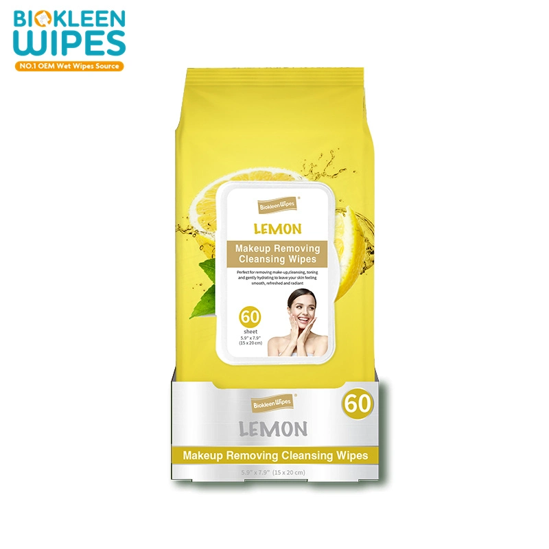 Biokleen OEM Free Sample 60CT 15X20cm Lemon Makeup Removing Cleansing Face Wipes Makeup Remover Facial Cleansing Cloth Wipes