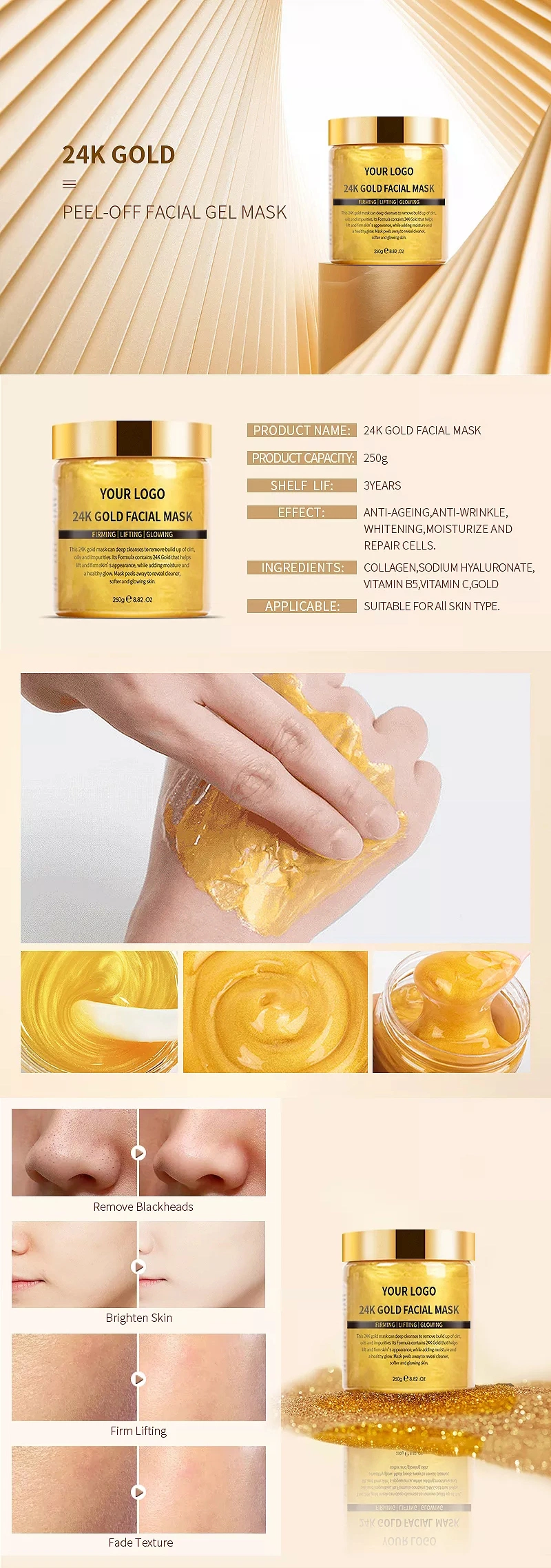 OEM Skin Care Beauty Private Label Brightening Anti Aging Anti Wrinkl Pure 24K Gold Collagen Facial Mask Cream