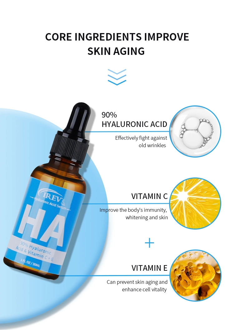 Private Label Beauty Smoothing Glowing Face Serum Deeply Hydrating Firming Vitamin C &amp; E 90% Hyaluronic Acid Skin Care Facial Serum