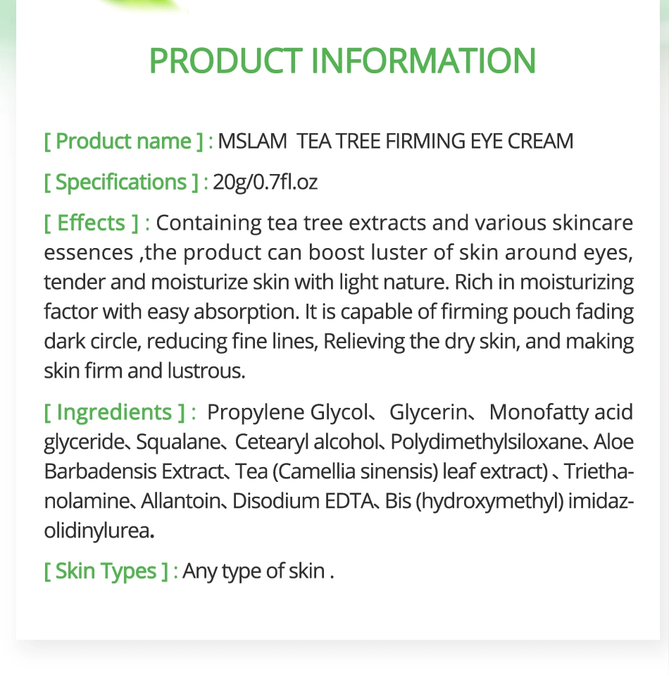 Mslam Tea Tree Eye Cream 20g Anti-Wrinkle Anti-Hydrating Dark Circles Skin Care for Puffiness and Pouch Eye Cream