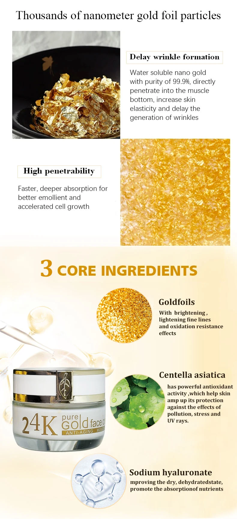 Wholesale OEM/ODM 24K Gold Brightening Lightening Rejuvenating Skincare Anti-Aging Face Cream