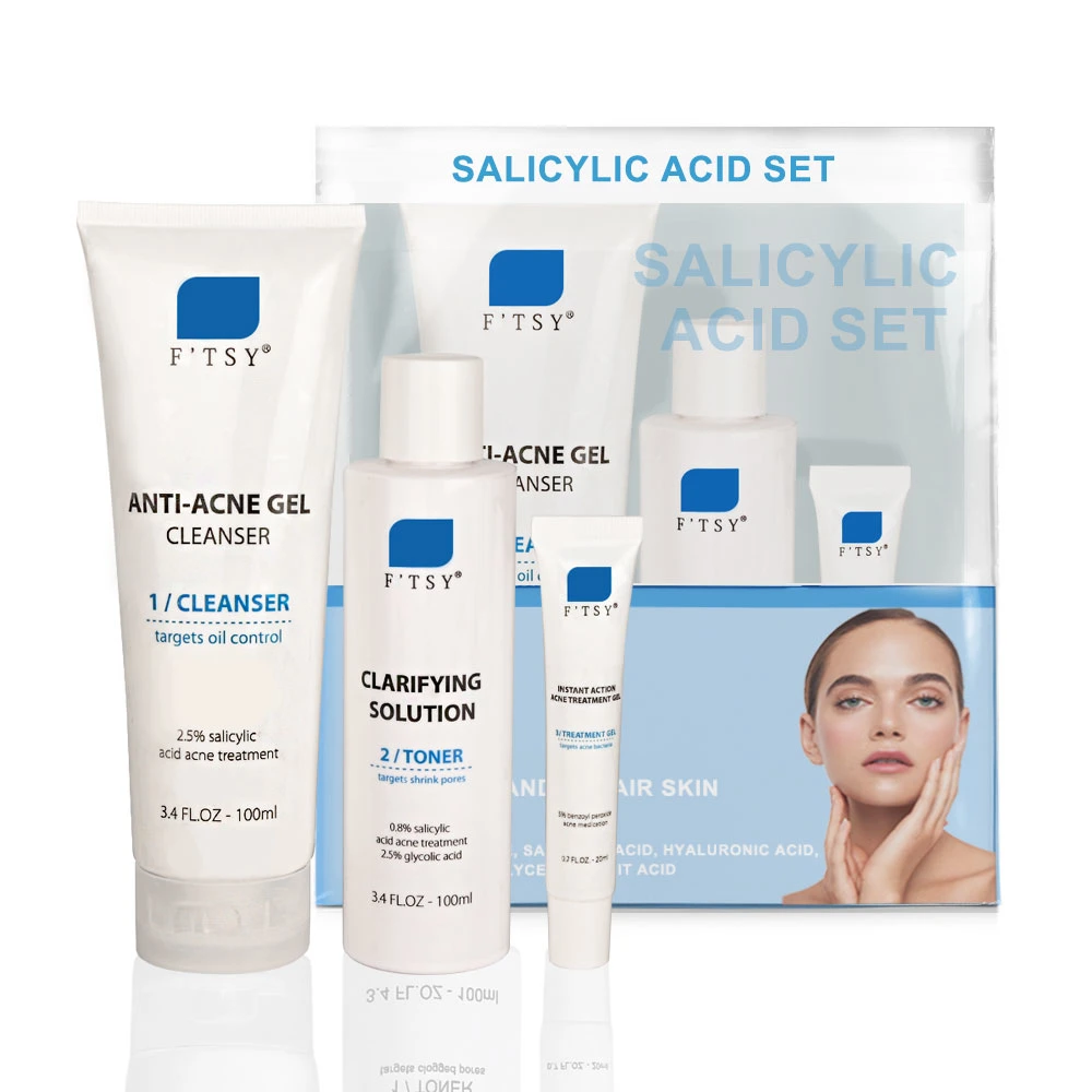 Custom Logo Natural Salicylic Acid Acne Skin Care Set Pores Minimizing Blemishes Acne Prone Skincare Essentials Set Kits