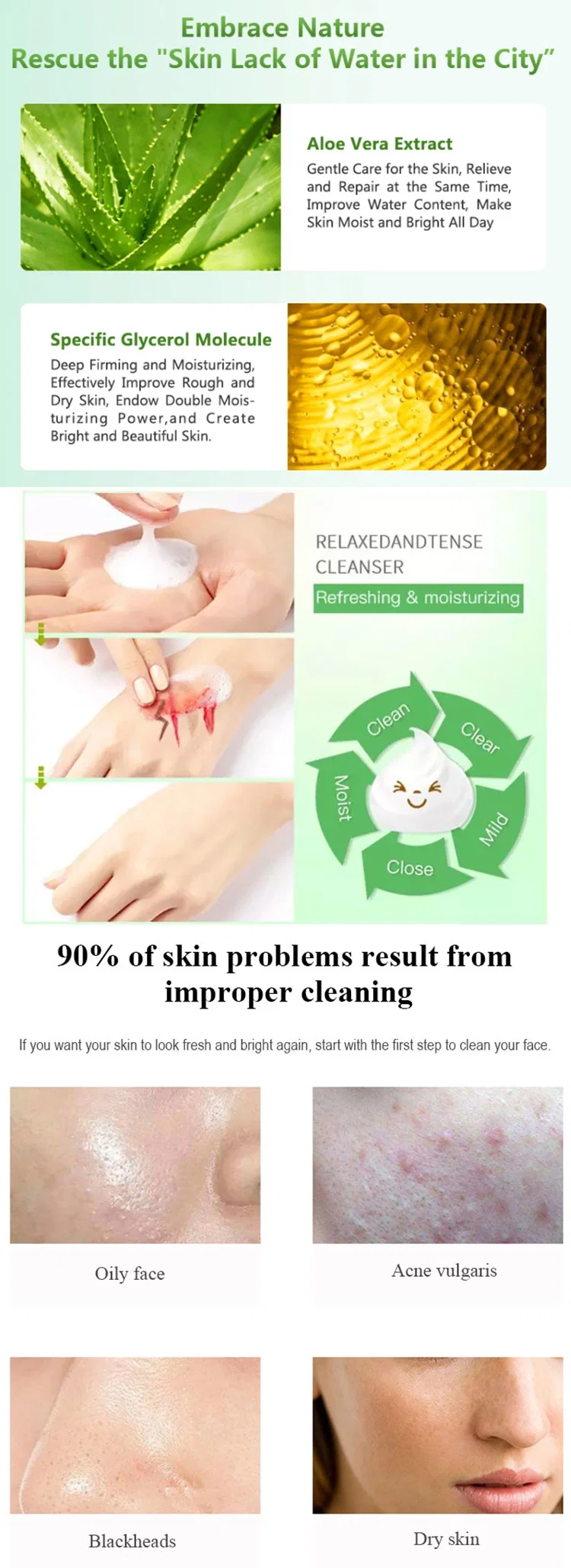 Foaming Facial Cleanser Green Tea Moisturizing Oil Control Skin Care Face Wash Cleanser