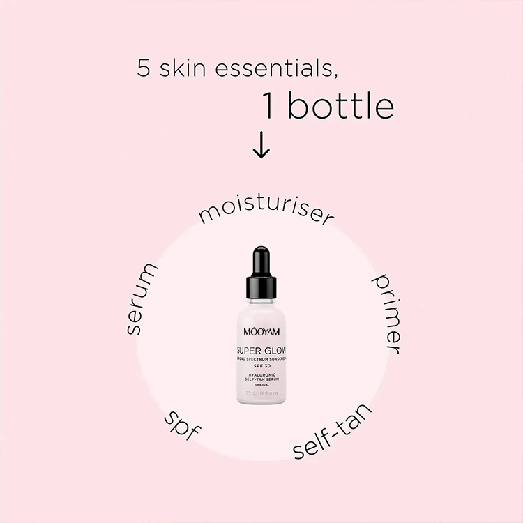 Mooyam Skin Care Firming Facial Serum Organic Super Glow Sun Protecting SPF 30 Brightening Moisturizing Hyaluronic Self-Tan Face Serum