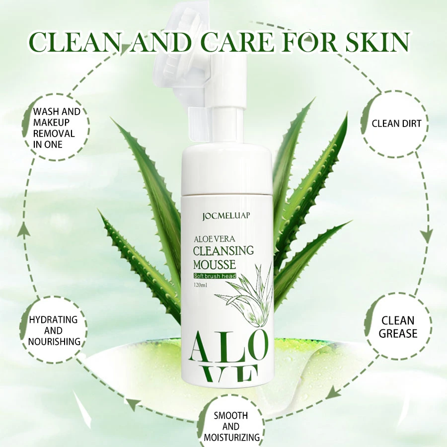 Organic Aloe Vera Cleansing Mousse Foaming Face Wash Facial Cleanser with Brush Natural Vegan Facial Cleaner