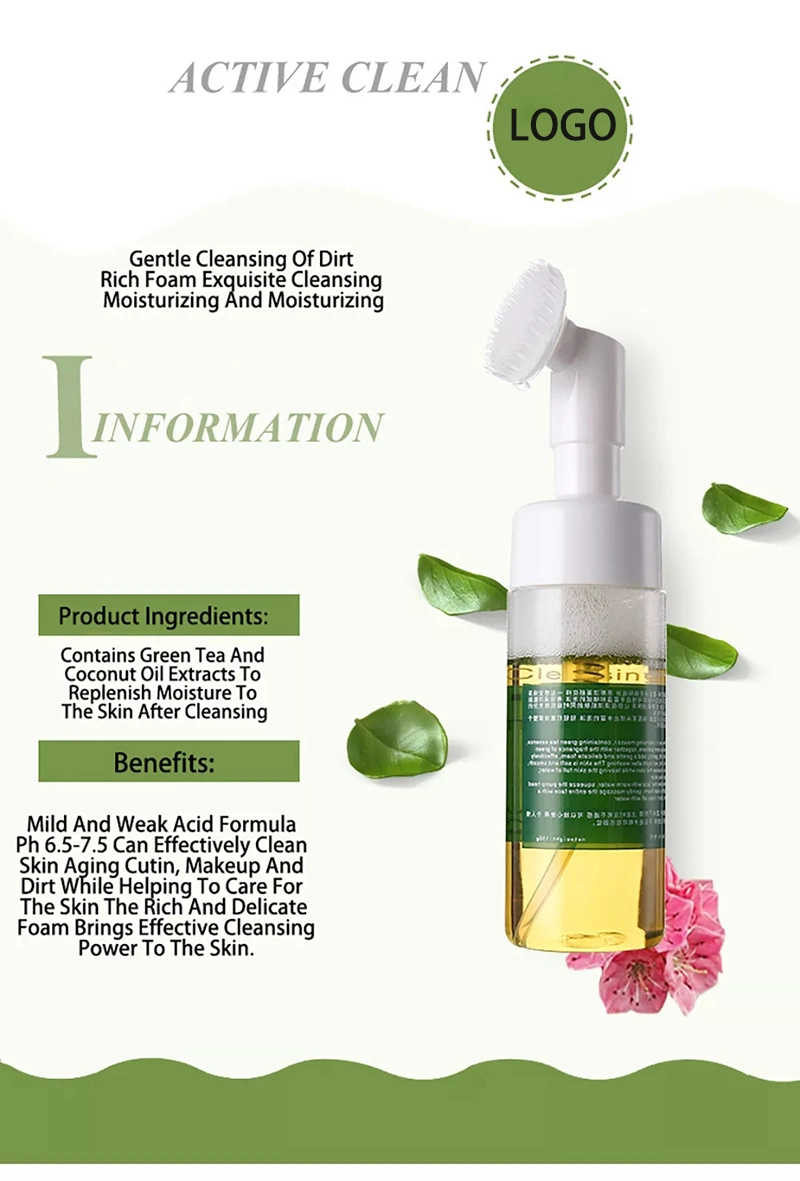 OEM Private Label Green Tea Extract Deep Cleansing Foam Facial Cleanser with Brush Facial Cleansing Mousse Face Wash