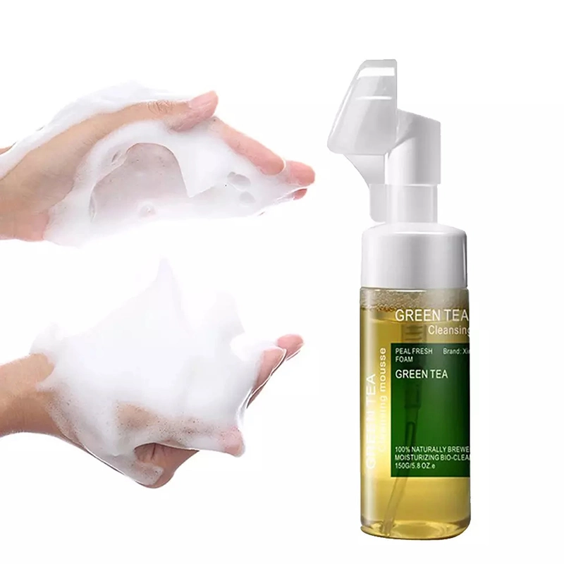 OEM Private Label Green Tea Extract Deep Cleansing Foam Facial Cleanser with Brush Facial Cleansing Mousse Face Wash