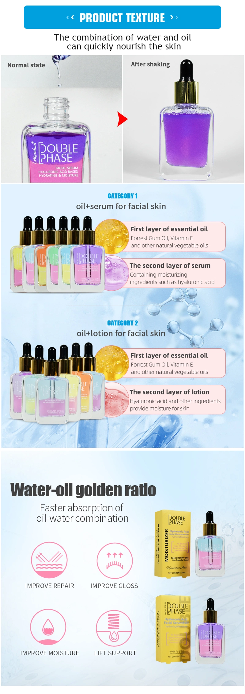 Anti Aging Wrinkle Acne Dark Spot Remover Double Phase Face Serum Whitening Vitamin a Facial Serum