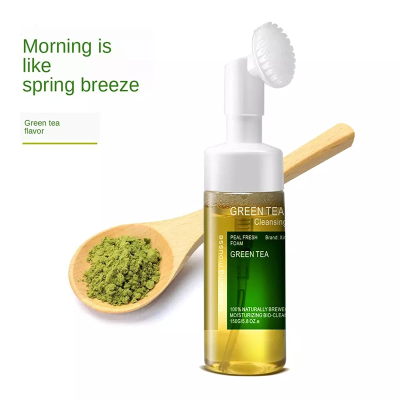 OEM Private Label Green Tea Extract Deep Cleansing Foam Facial Cleanser with Brush Facial Cleansing Mousse Face Wash